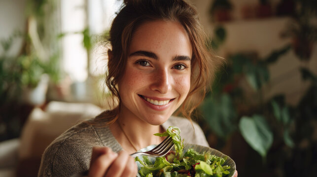 Smiling young woman eating fresh green salad in bright healthy home environment - Powered by Adobe