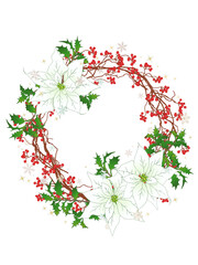 ポインセチアとサンキライのリース④白_雪の結晶