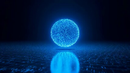Glowing blue digital sphere hovering above a reflective surface in dark space with intricate particle structure and immersive light atmosphere - Powered by Adobe