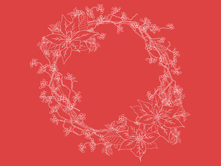 ポインセチアとサンキライのリース線画①白