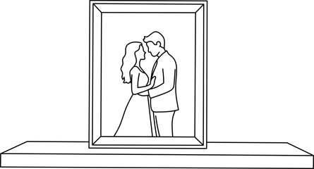 Couple framed photo on wall shelf. Minimalist outline style illustration.
