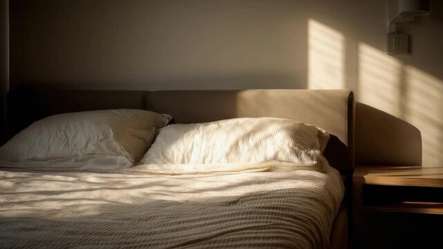 Cozy bedroom with a made bed in beige bedding and two pillows, sunlight streams through blinds, casting stripes on wall and nightstand.