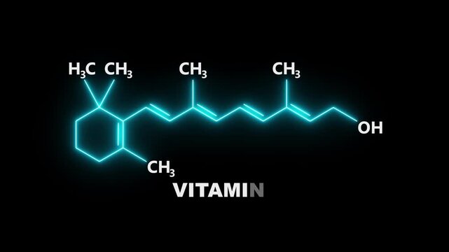 neon Vitamin A chemical structure on black Background. glowing chemical formula of Vitamin A. Vitamin A Molecular Structure Symbol icon Animation. Vitamin A chemical Structure icon.