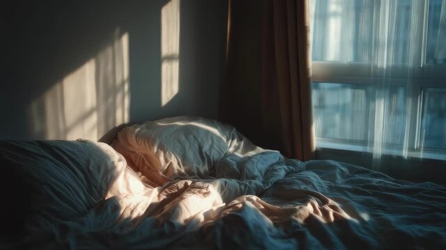 Sunlight streams through window blinds, casting striped shadows on a rumpled bed in a dim room.