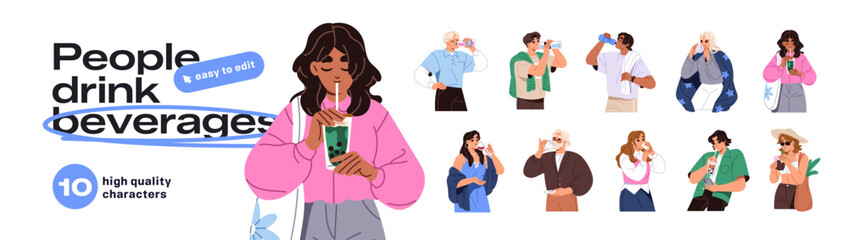 People drink beverages set. Men and women quench thirst with bottles of water and glasses of juice. Characters hold alcohol cocktails, tea and coffee. Flat isolated vector illustrations on white