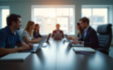 Obraz premium Blurred view of a modern office meeting room with people working on laptops, creating a professional and focused atmosphere. High quality