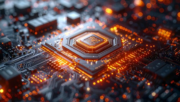 Macro view of a complex dark circuit board, highlighted with orange glow, showcasing intricate design and technology