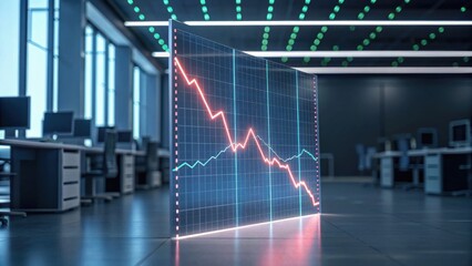 A futuristic office space featuring a digital graph displaying a downward trend, highlighting financial data analysis.