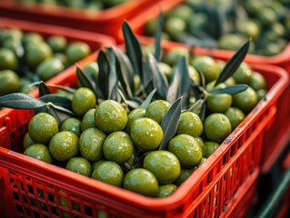 A rustic basket overflowing with plump, vibrant green olives, surrounded by fresh olive leaves, evoking a Mediterranean feel. Perfect for food, still life, or nature photography.