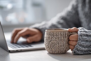 Woman in warm sweater holding coffee mug while working on laptop. Cozy office space for comfortable remote work or studying.