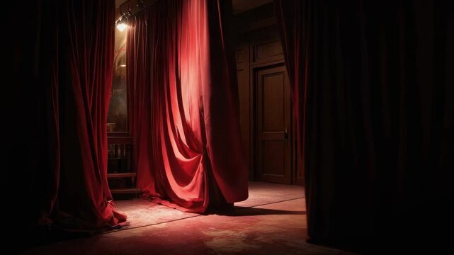 Red velvet theater curtains partially opened, revealing a dim backstage with warm light.