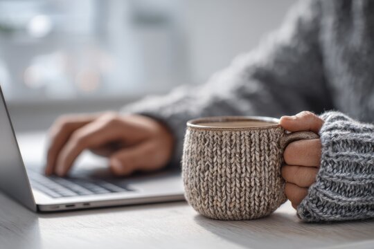 Woman in warm sweater holding coffee mug while working on laptop. Cozy office space for comfortable remote work or studying. - Powered by Adobe
