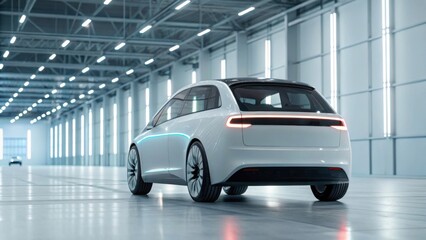 Obraz premium A sleek, modern electric car is parked inside a spacious, well-lit facility with futuristic design elements.