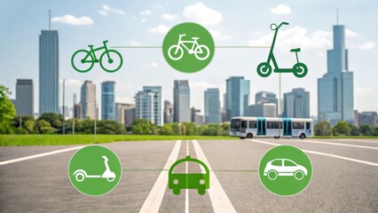 Modern urban transportation options illustrated with icons for bikes, scooters, cars, and buses against a city skyline backdrop.
