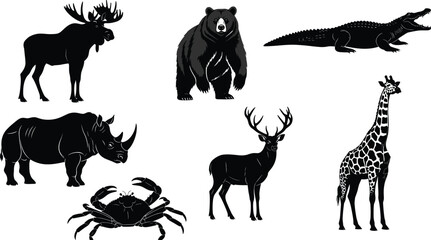 Wildlife animal silhouette and detailed vector illustration featuring giraffe, bear, moose, deer, crocodile, rhino and crab for nature design and educational artwork