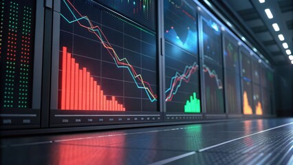 A futuristic trading environment with digital screens displaying stock market data, featuring colorful graphs and charts.