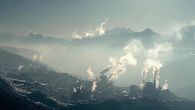 Industrial complex in a mountainous valley, smokestacks belching smoke into a hazy dawn sky.