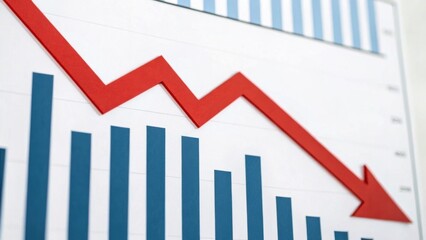 A downward trend line graph showing a decline in values, with blue bars contrasting against a prominent red arrow.