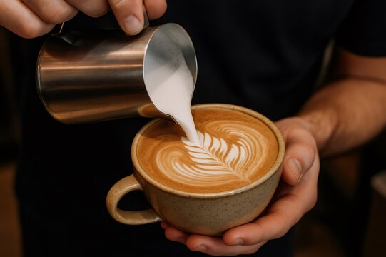 Barista's hands pouring fresh steamed milk into a ceramic mug, creating beautiful latte art for a coffee drink - Powered by Adobe
