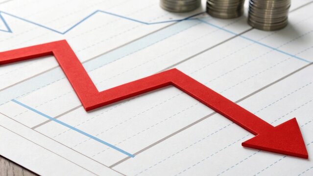 A downward red arrow suggests a decline, illustrated on financial paper with coins, symbolizing economic downturn or loss in value. - Powered by Adobe