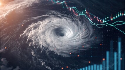 A powerful hurricane swirls over the ocean, juxtaposed with financial graphs, symbolizing the intersection of nature and market volatility.
