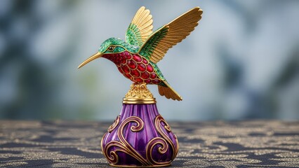 Naklejka premium Hummingbird figurine on purple perfume bottle, perfect for branding, product packaging, or naturethemed designs for greeting cards, stationery, and more.