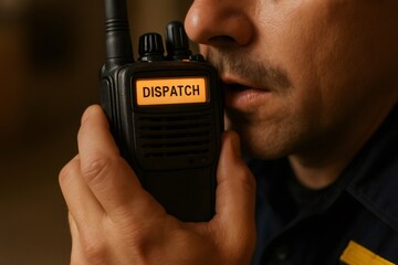 Person communicating using a walkie talkie with DISPATCH message on screen, focusing on critical communication and coordination