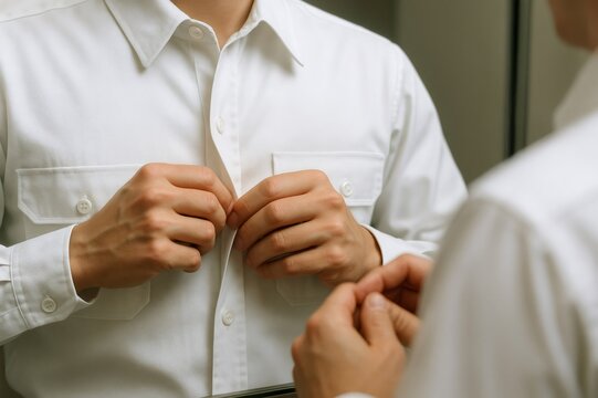Person getting ready for work or a formal event, buttoning a clean, crisp white shirt with precision and care