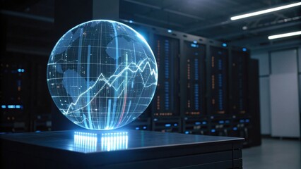 A holographic globe displaying data trends in a server room, symbolizing technology, data analysis, and global connectivity.