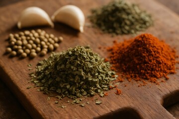 Piles of colorful herbs and spices, including paprika, dried parsley, peppercorns, and garlic cloves, creating a rich culinary background
