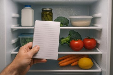 Man's hand holding a blank shopping list while checking items inside an open fridge, concept of meal planning