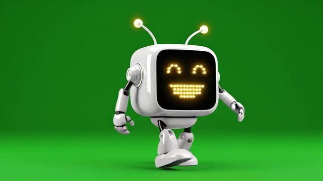 Smiling 3D white robot character with a cheerful pixelated LED face and glowing antennas, confidently walking on a vibrant green screen, embodying modern technology