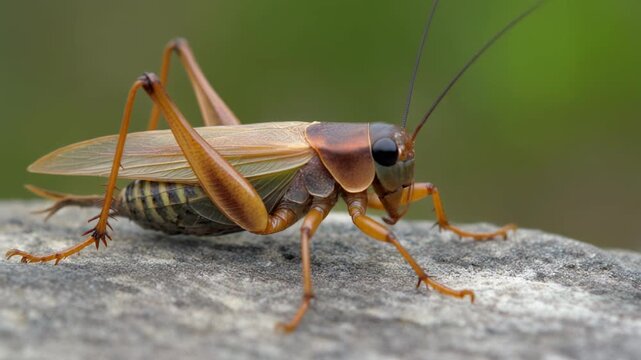 A close-up shot of a brown cricket with long antennae resting on a textured surface outdoors.
