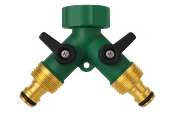 Green garden hose y splitter and water valves