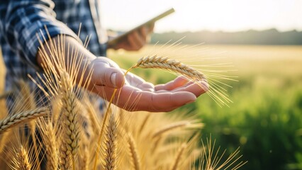 Close-up of farmer hand holding ripe wheat ear in golden field, agronomist examining cereal crop during sunset