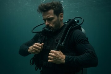 Scuba diver in dark water adjusting equipment, preparing for exploration and managing buoyancy during an underwater adventure