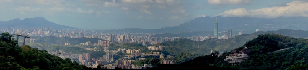 Panorama view of the city of Taipei as seen from the hills of Maokong - where you can experience some nice tea houses and gentle hiking while viewing the city below