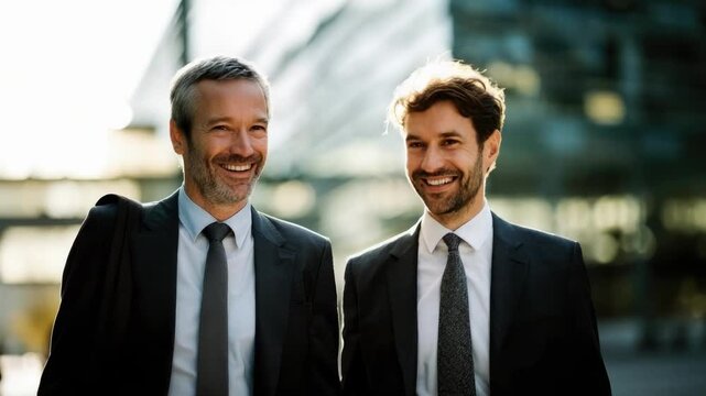 Two businessmen in suits smiling and talking outside a modern glass office building on a sunny day.