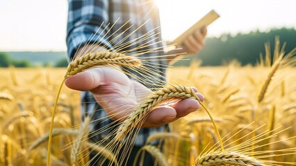 Close-up of farmer hand holding ripe wheat ear in golden field, agronomist examining cereal crop during sunset