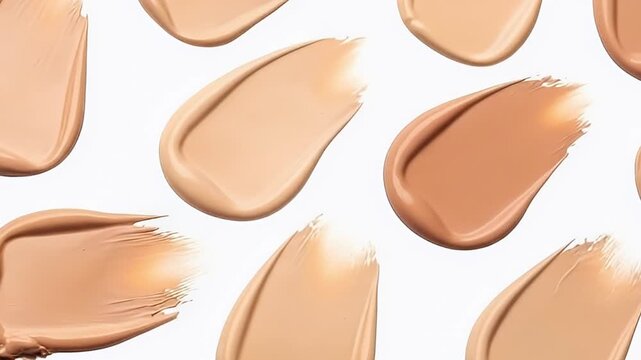 A visually appealing close-up shot showcases an array of liquid cosmetic swatches, presenting a diverse palette of skin-toned shades from light beige to warm brown. Each creamy streak is artfully spre