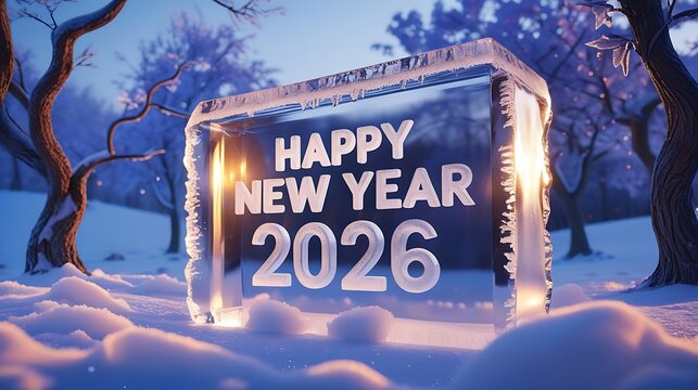 Happy new year 2026 ice sculpture snowy forest images - Powered by Adobe