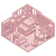 Isometric View of a Modern Studio Apartment Layout in Pink Tones.