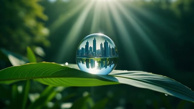 Urban Skyline Reflected in Crystal Sphere on Green Leaf with Sun Rays Nature City Sustainability Concept