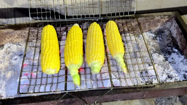 4K close up of four golden corn cobs grilling above glowing charcoal with ash and metal grate texture, creating a rustic outdoor heat-focused cooking scene.
