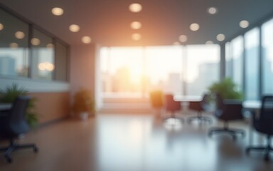 Blurred empty open space office Abstract light bokeh at office interior background for design : Generative AI. High quality