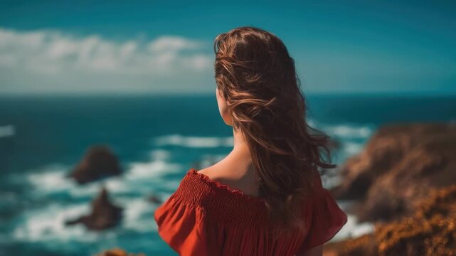 A woman stands with her back to the camera on a rocky coastline, red off-shoulder top, hair blowing in the wind toward the sea.