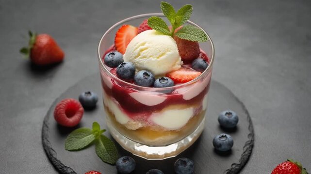Close-up video of layered parfait in a glass topped with vanilla ice cream, berries, and mint, surrounded by fresh fruits on a dark slate plate, highlighting texture, elegance, and dessert appeal.