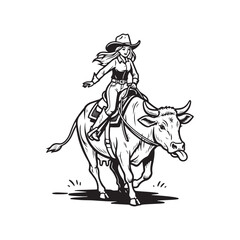 Cowgirl riding a bull in a rodeo action scene illustration