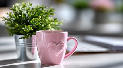 Pink heart ceramic mug on workspace desk with plant for office inspiration