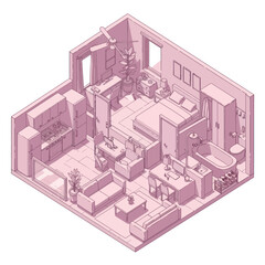 Isometric view of a pink studio apartment layout with furniture and decor.